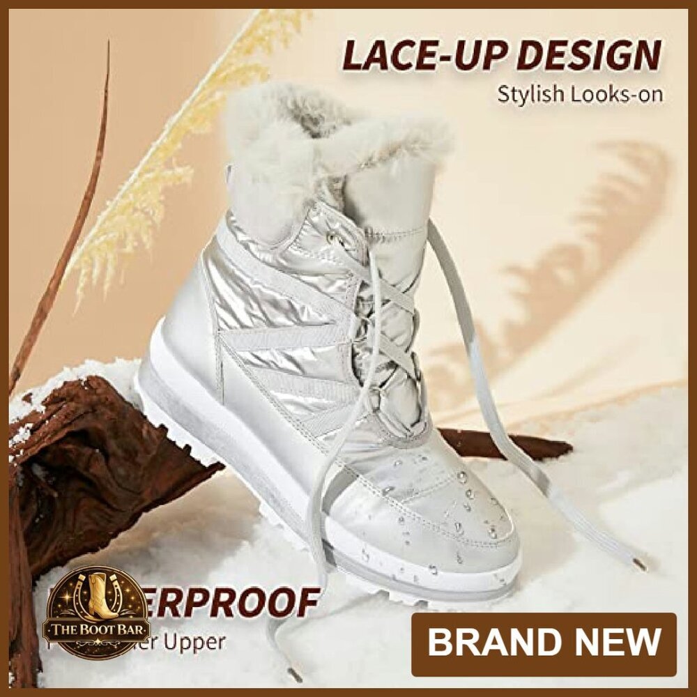 Warm Fur Lined Mid-Calf Waterproof Snow Boots Non-Slip Lace Up - Picture 5 of 8